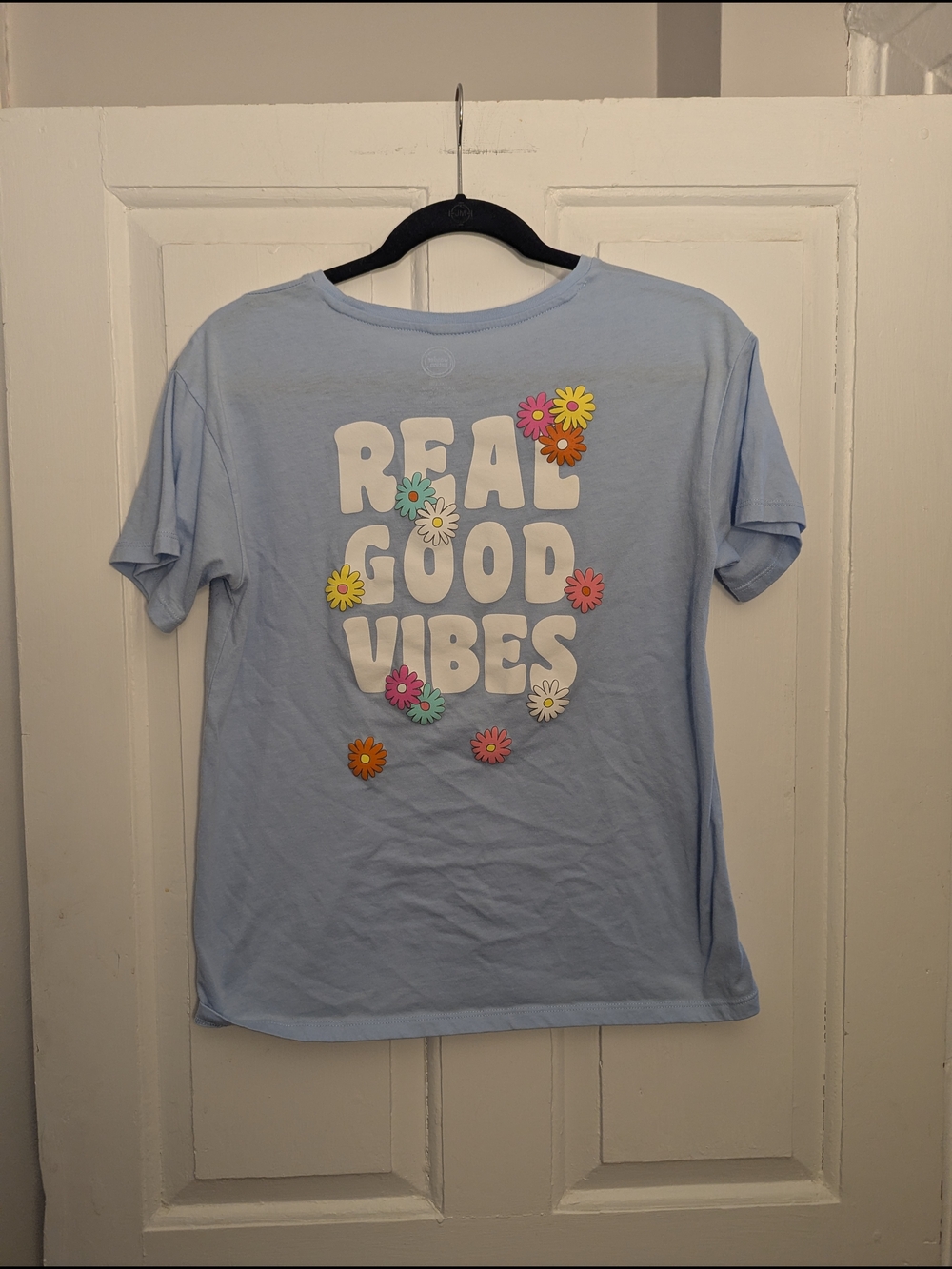 wonder nation Light Blue "Real Good Vibes" Tee with Multicolor Floral Accents
